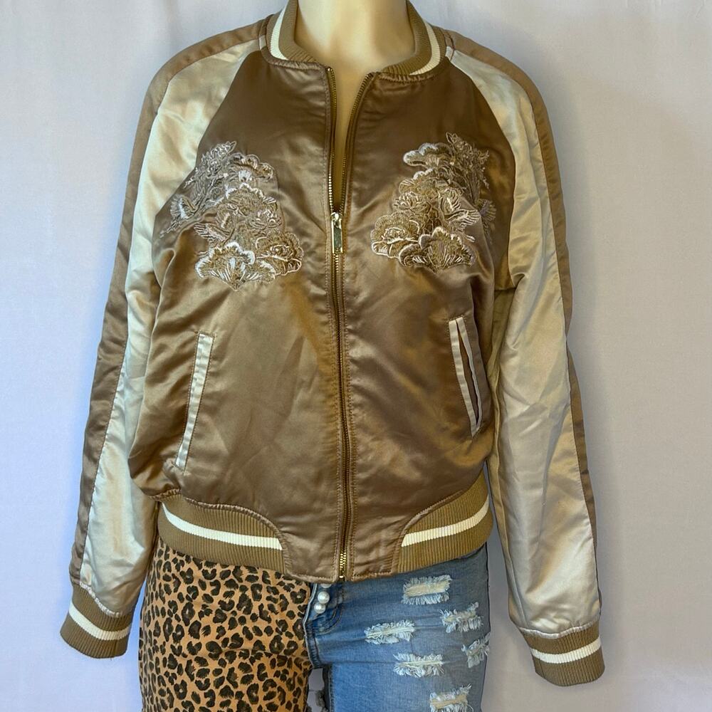 Forever 21 Satin Bomber Jacket Beige Gold Embroidered Floral Varsity M